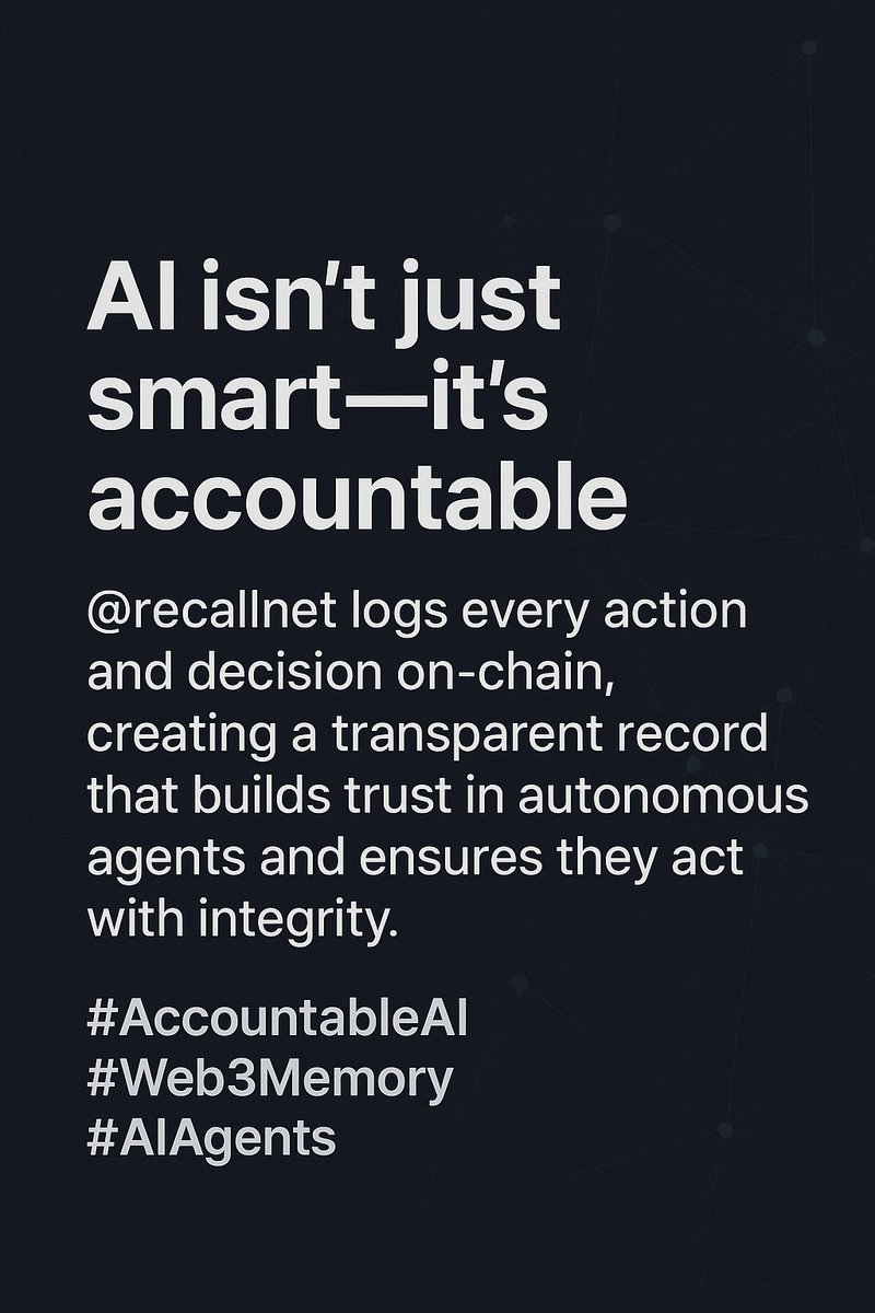 web3airdop1's tweet photo. AI isn’t just smart—it’s accountable.
@recallnet logs every action and decision on-chain, creating a transparent record that builds trust in autonomous agents and ensures they act with integrity.
#AccountableAI #Web3Memory #AIAgents https://t.co/yEG62CbcDy