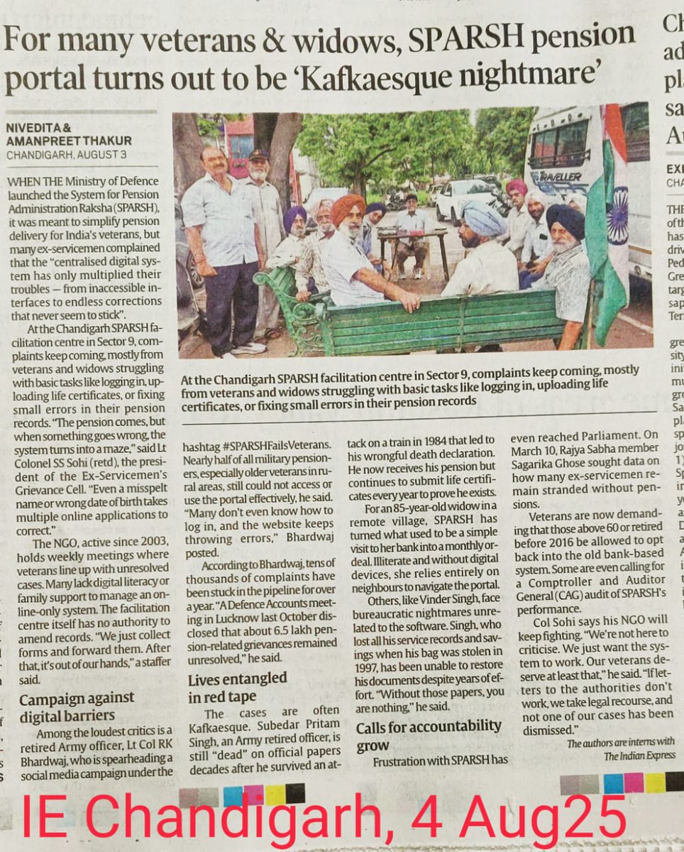 RajKuma35152604's tweet photo. 🇮🇳 Day 83 #SPARSHFailsVeterans - 
A Respectful Cry for Justice and Morale!

📢 We, Tri-Service Veterans of India, continue our fight for over 30 lakh Ex-Servicemen plagued by SPARSH’s Pension crisis, a battle launched on 24 Feb 25, (with 24,900 views)
[https://t.co/R1uRifVpsm]
fights revised pension delays & glitches crushing jawans, JCOs, Officers, & widows.  
Indian Express (27 Jul & 03 Aug 25) 
[https://t.co/trd2R1rdol]
 & Moneycontrol (14 Jul 25) 
[https://t.co/1LsTOd5kpZ]
amplify our cause. 

🚨 RTI filed 10 Aug 25 (MODEF/R/E/25/25999) to Defence Secretary Shri Rajesh Kumar Singh demands : 
1️⃣ Why did PCDA(P) use legacy PPOs and not ePPOs, leaving 50% data blank/wrong? 
2️⃣ Why force non-tech-savvy pensioners in remote areas to fix it when PCDA(P) holds verified data?
3️⃣ Why Overburden Record Offices for Verification of Updates, once PCDA(P) is already holding the verified data.
4️⃣ How many grievances remain unresolved, and for how long (6 months to 3+ years), including :
▪️non-revised OROP-3 pensions, disability pensions, age-based pensions (80+ years)
▪️incorrect personal data (names, dates of birth, spouse details, handicapped children, legal guardians), missing family members.
▪️service data (Rank, Name, Gallantry Awards, Commission dates, Arms/Corps).

✴️ Ex-Servicemen Implore Hon'ble @PMOIndia @narendramodi Ji and
@DefenceMinIndia @rajnathsingh Ji
direct Defence Secretary Shri Rajesh Kumar Singh & CGDA Shri Raj Kumar Arora to reply to RTI & use it to fix SPARSH, honoring our Ex-Servicemen who safeguarded our nation’s safety, security, & integrity.  
🙏 Proposed Solutions :  
▪️PCDA (P) to assume responsibility for updating blank/wrong data, relieving Pensioners and Record Offices.  
▪️Cross-check and update SPARSH data against PCDA (P) records as needed.  
▪️Revise flow charts to differentiate updates for fresh and old retirees, reducing workload (e.g., avoid treating old retirees as new).  
▪️Maintain grievances open until resolved and data updated.  
▪️Provide an opt-out option for pre-2016 Pensioners (>60 years) and family pensioners to banks.  
▪️Augment DAD manpower at PCDA (P), with potential support from Armed Forces technocrats if required.
▪️Should CGDA disagree, we urge an independent CAG audit to identify SPARSH’s failure causes and enable remedial action.
@SpokespersonMoD
#ShRajeshKumarSingh #DefenceSecy
@DefenceAccounts
#ShRajKumarArora #CGDA

🎖️ Ex-Servicemen urge 
@HQ_IDS_India  
#GeneralAnilChauhan #CDS
@adgpi  
#GeneralUpendraDwivedi #COAS
@indiannavy 
#AdmiralDineshKTripathi #CNS
@IAF_MCC
#AirChiefMarshalAPSingh #CAS
to recommend the Proposed Solutions or a CAG audit of SPARSH PCDA (Pensions) to the Hon'ble Prime Minister. 

📰 Media, please seek MoD’s RTI response for Ex-Servicemen!
@IndianExpress @grewal_sharma @manaman_chhina
@moneycontrolcom @PriyanshVerma4
@nalinmehta @AdityaRajKaul
@thetribunechd @ajaynewsman
@htTweets @rahulsinghx
@timesofindia @rajatpTOI
@ndtv @ShivAroor @nitin_gokhale
@ANI @ajitkdubey @AnumaVidisha
@ravish_journo @abhisar_sharma @ragarwal @ColTekpal @BrigMahalingam

#VeteransDeserveBetter 
#TirangaYatraUtsav