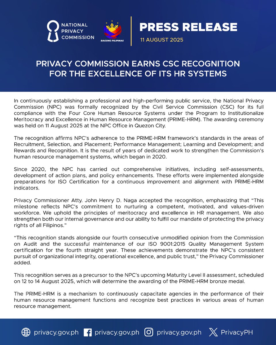 PRESS RELEASE

Privacy Commission earns CSC recognition for the Excellence of its HR Systems

Read more below or on our website: privacy.gov.ph/privacy-commis…

#PrivacyPH