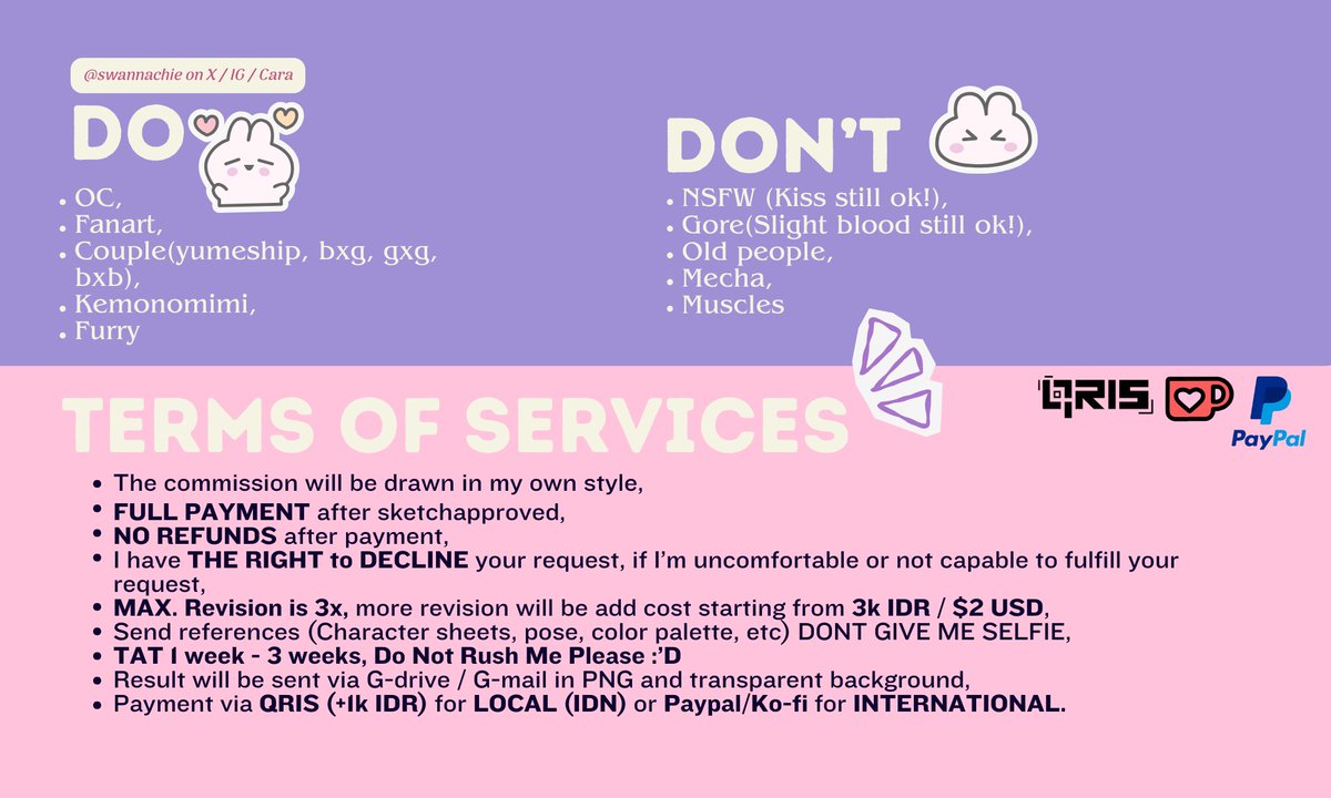 Shares are very appreciated 💞

Hello, I'm available for c✦mission. There's also a discount for two early cust (local🇮🇩). Available for 4 slots only, DM me if you're interested⭑.ᐟ

More information : swannachimission.carrd.co

#Commission #commissionsopen #artidn #ArtCommission