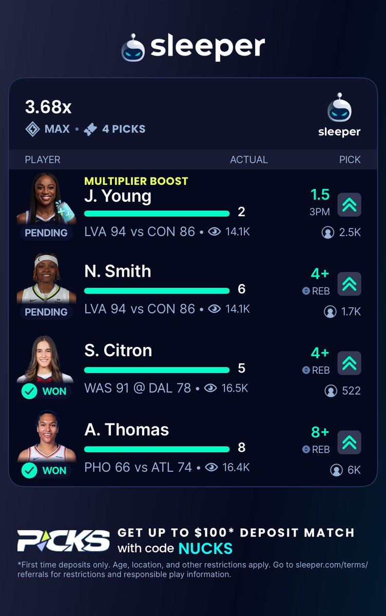 BANGGGGG Sleeper Slip ✅✅

$50 to TWO people who LIKE ❤️

ENTER code ‘NUCKS’ to sign up &amp; GET up to $100 Deposit Match ⬇️

➡️ sleeper.com/promo/NUCKS 👈