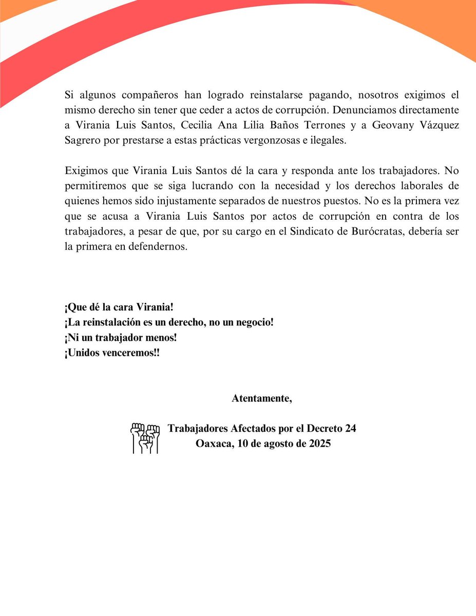 el_inge_bombita's tweet photo. ⚠️ URGENTE ⚠️
Virania Luis Santos, del #STPEIDCEO, opera una lista de 75 trabajadores afectados por el #Decreto24 para vender reinstalaciones en la Junta de Arbitraje.
Nuestros derechos NO son mercancía.
¡Reinstalación ya! @salomonj

#Oaxaca #fuerajara #RevocacionDeMandato https://t.co/BPCPh2C7cR
