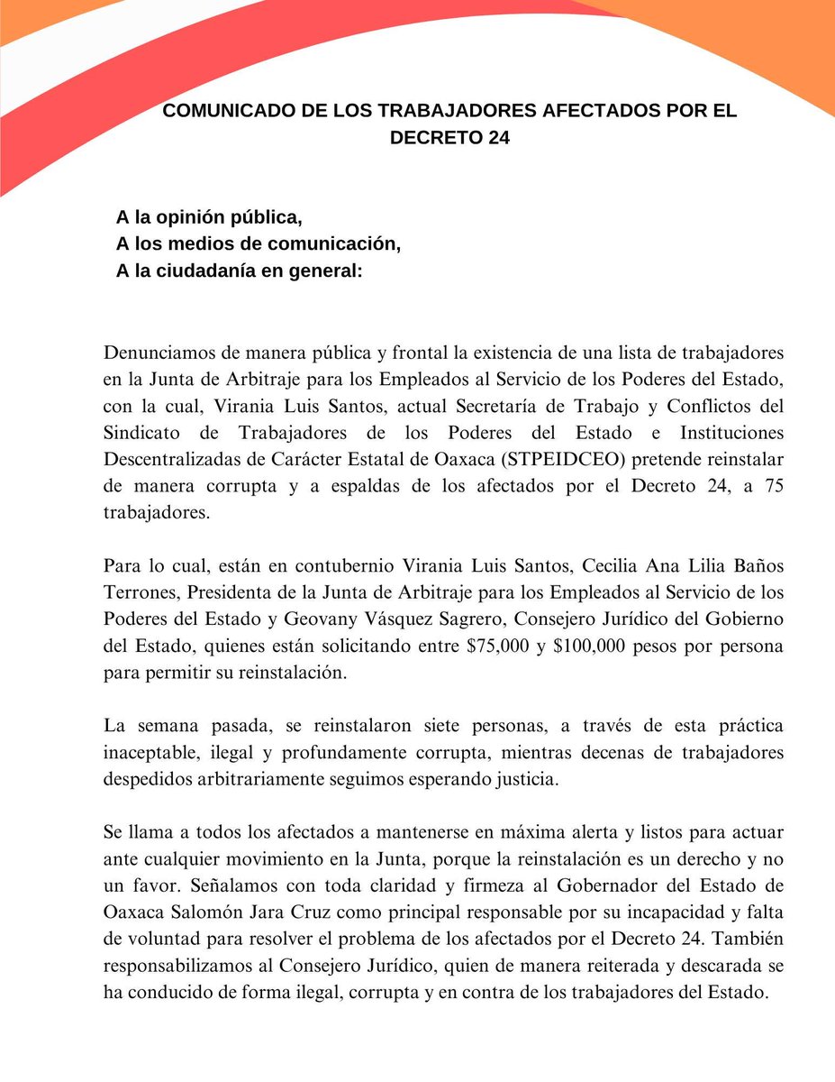 el_inge_bombita's tweet photo. ⚠️ URGENTE ⚠️
Virania Luis Santos, del #STPEIDCEO, opera una lista de 75 trabajadores afectados por el #Decreto24 para vender reinstalaciones en la Junta de Arbitraje.
Nuestros derechos NO son mercancía.
¡Reinstalación ya! @salomonj

#Oaxaca #fuerajara #RevocacionDeMandato https://t.co/BPCPh2C7cR