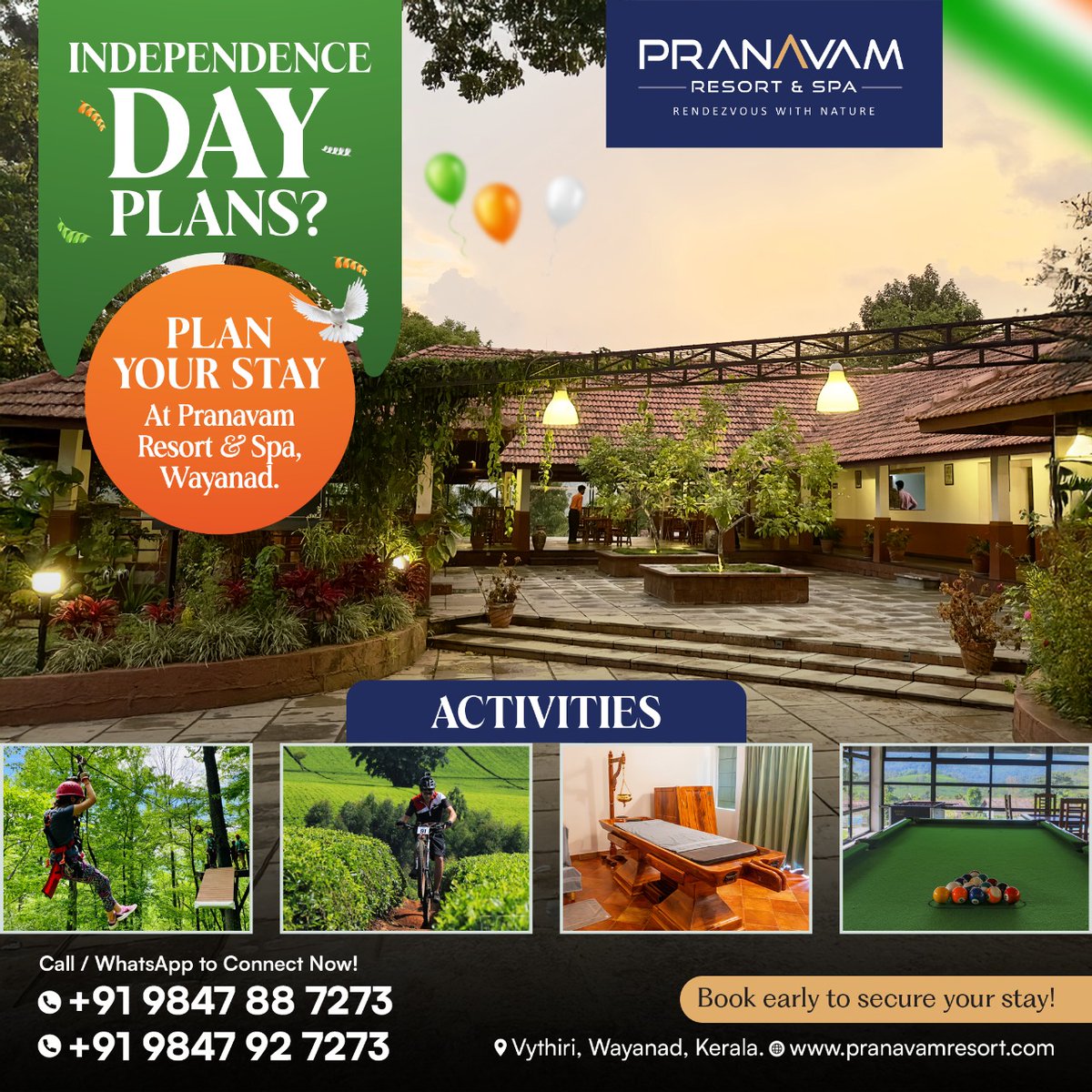 PranavamResort's tweet photo. This Independence Day, wake up to misty mornings, breathtaking views, and endless activities at Pranavam Resort &amp; Spa, Wayanad. Book now for a refreshing holiday escape!

Book now:
🌐: https://t.co/k66ApIlmGK
📞: (+91) 984788 7273, 80081 80034
📍: Wayanad, Kerala https://t.co/91K3DqFQBU