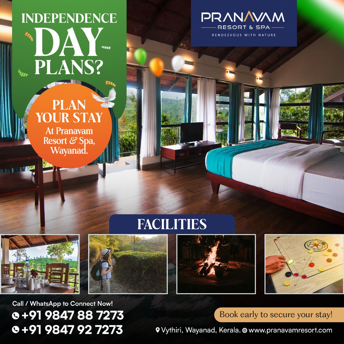 PranavamResort's tweet photo. This Independence Day, wake up to misty mornings, breathtaking views, and endless activities at Pranavam Resort &amp; Spa, Wayanad. Book now for a refreshing holiday escape!

Book now:
🌐: https://t.co/k66ApIlmGK
📞: (+91) 984788 7273, 80081 80034
📍: Wayanad, Kerala https://t.co/91K3DqFQBU
