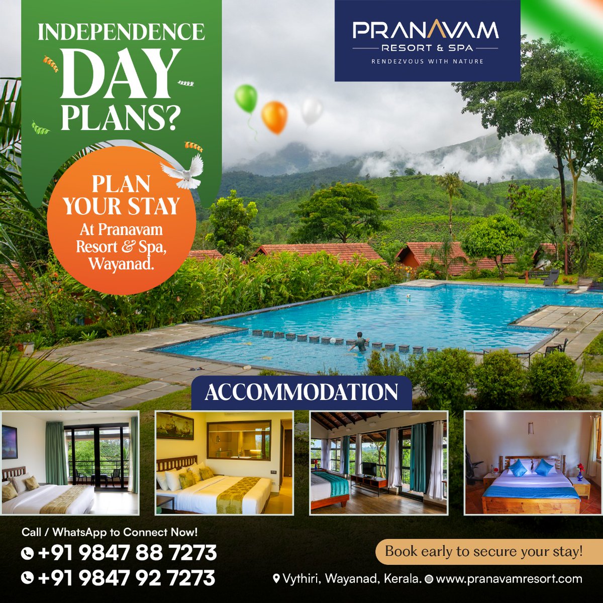 PranavamResort's tweet photo. This Independence Day, wake up to misty mornings, breathtaking views, and endless activities at Pranavam Resort &amp; Spa, Wayanad. Book now for a refreshing holiday escape!

Book now:
🌐: https://t.co/k66ApIlmGK
📞: (+91) 984788 7273, 80081 80034
📍: Wayanad, Kerala https://t.co/91K3DqFQBU