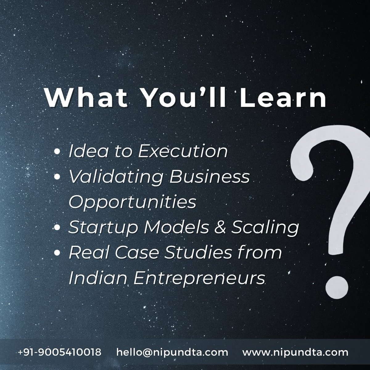 nipundta's tweet image. Turn Your Startup Dream into Reality!
Join our Entrepreneurship Course and learn how to go from Idea to Execution, validate business opportunities, explore startup models, and get inspired by real case studies from Indian entrepreneurs.
📲 Register Now!