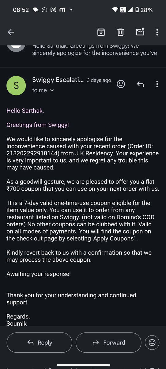 Sarthakvatsaa's tweet image. @SwiggyCares @Swiggy 
I had already replied to this email multiple times but my refund is not issued and no reply is received from your end.
Kindly check and get the refund issues without any further delays