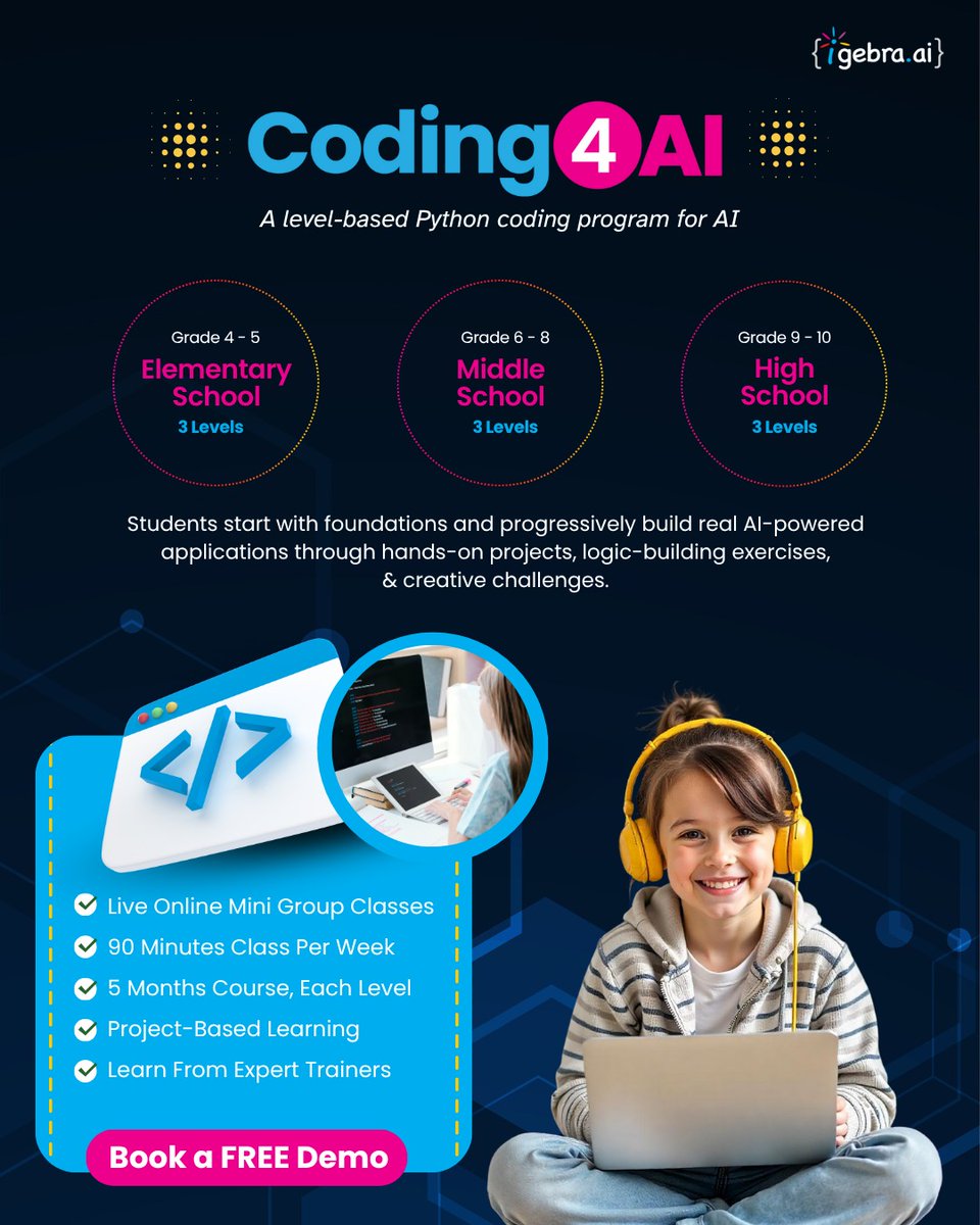 igebra_ai's tweet photo. At https://t.co/JBZbm2rBcS, we don’t just teach coding — we make it future-ready!

Our Coding4AI program takes students from Python basics to AI, Machine Learning, and Deep Learning, with hands-on projects that turn ideas into real tech.

#python #coding #pythonprogramming #ml https://t.co/69dagRf2mP