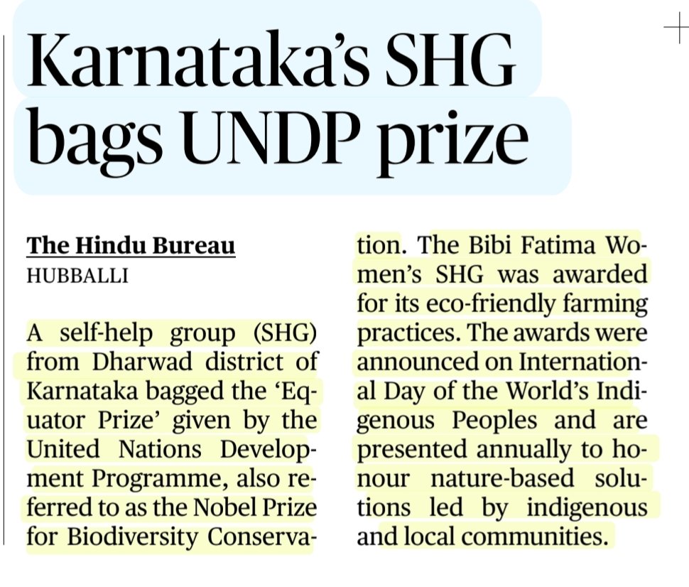 imRavikantYadav's tweet image. Karnataka's SHG bags UNDP prize

The Bibi Fatima women's Self Help Group from #Dharwad #Karnataka bagged tge #EquatorPrize by #UNDP ,also referred as to #NobelPrize for #Biodiversity #Conservation 

:Details

#SHGs
#InternationalDayoftheWorldsIndigenousPeoples 

#UPSC

Source:TH