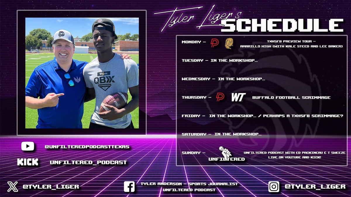 Tyler Anderson (@tyler_liger) on Twitter photo New weekly schedule, coming right up!
A little bit of a lighter slate this time around. Special guest on the graphic is <a href="/PaloDuroDonsFB/">PaloDuroDonsFootball</a> QB <a href="/Julian_Deuce/">Julian(Deuce) Reese II</a>.
#LifeOfLiger New weekly schedule, coming right up!
A little bit of a lighter slate this time around. Special guest on the graphic is <a href="/PaloDuroDonsFB/">PaloDuroDonsFootball</a> QB <a href="/Julian_Deuce/">Julian(Deuce) Reese II</a>.
#LifeOfLiger