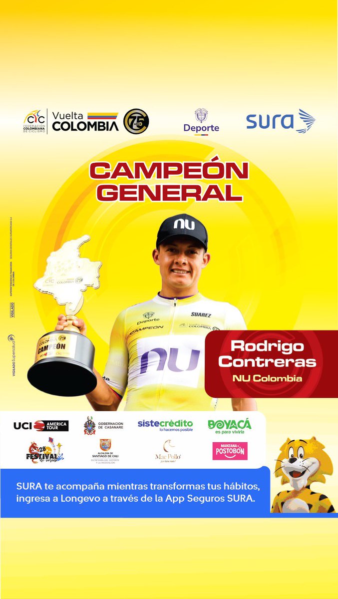 Vueltacolombia1's tweet photo. ¡FELICITACIONES!
Te presentamos al CAMPEÓN GENERAL de la Vuelta a Colombia 2025 - 75 años. 🚵🏽♂️🇨🇴👏
#VColombia2025
#MinisterioDelDeporte
#SegurosSuraCol
#GobernaciónDeCasanare
#Sistecrédito
#BoyacáEsParaVivirla
#FestivalDeVerano
#AlcaldíaDeCali
#MacPollo
#ManzanaPostobón https://t.co/XRIsk0pGs5