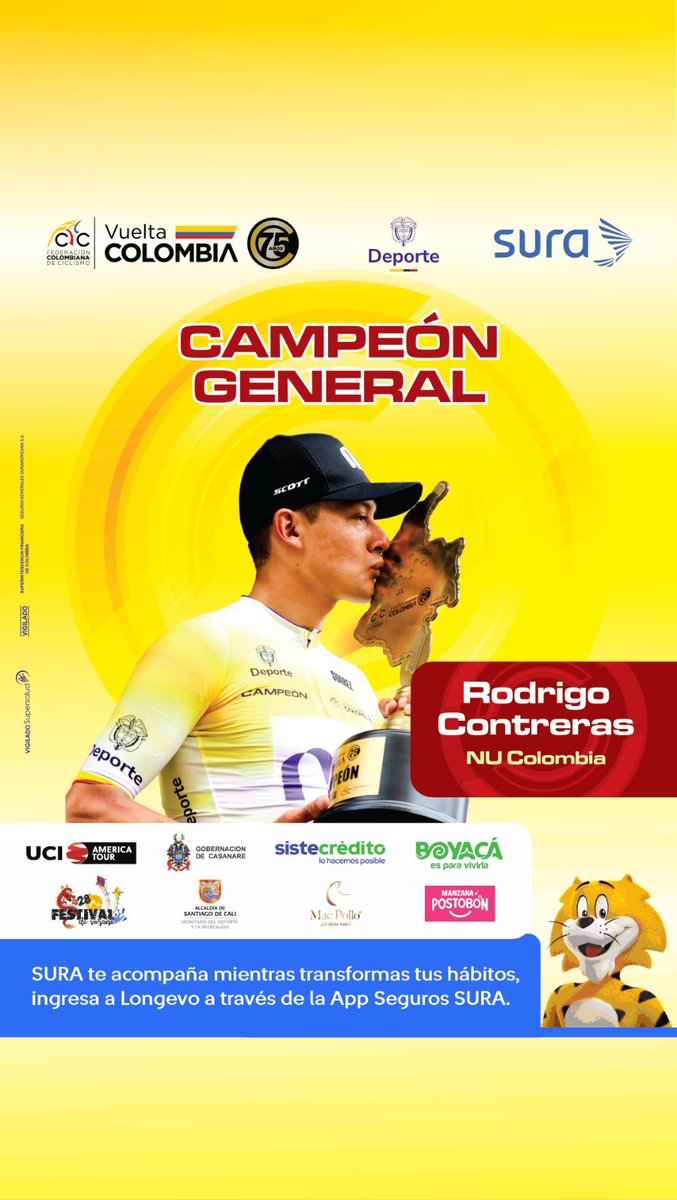 Vueltacolombia1's tweet photo. ¡FELICITACIONES!
Te presentamos al CAMPEÓN GENERAL de la Vuelta a Colombia 2025 - 75 años. 🚵🏽♂️🇨🇴👏
#VColombia2025
#MinisterioDelDeporte
#SegurosSuraCol
#GobernaciónDeCasanare
#Sistecrédito
#BoyacáEsParaVivirla
#FestivalDeVerano
#AlcaldíaDeCali
#MacPollo
#ManzanaPostobón https://t.co/XRIsk0pGs5
