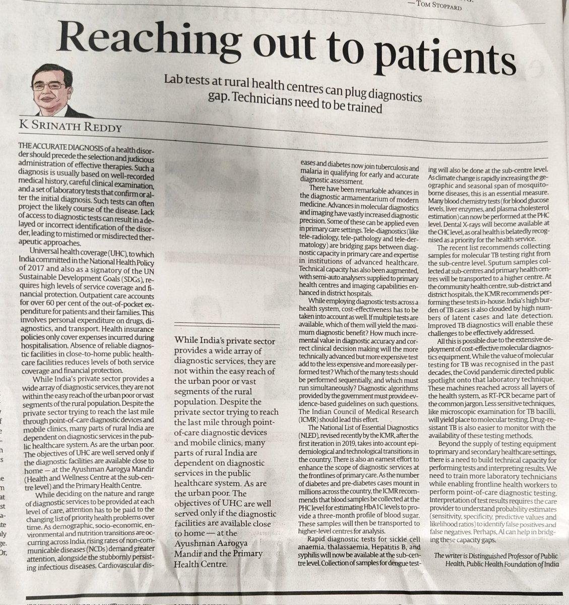 An insightful  piece by Prof K Srinath Reddy on importance of <a href="/ICMRDELHI/">ICMR</a>'s National essential diagnostics list in improving diagnostics availability at all levels of health care system, especially the rural poor. #UHC
<a href="/IndianExpress/">The Indian Express</a>