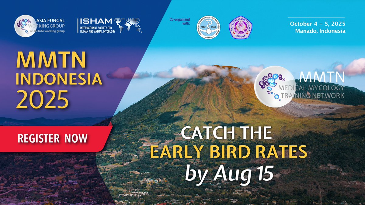 Early bird rates for #MMTN Indonesia 2025 end Aug 15.
Join us in Manado for two days of lab training and clinical sessions on invasive fungal infections.
Full program now available. Register: bit.ly/46QfNKR
#MMTN2025 #ThinkFungus