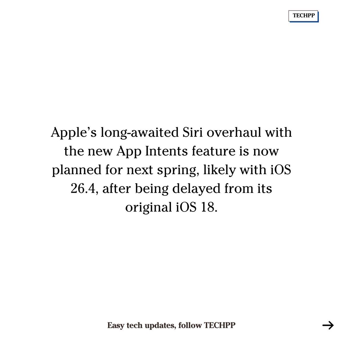 techpp's tweet image. Apple’s new Siri with App Intents set to launch next spring 

#Apple #Siri #AppIntents #iOS26 #AppleIntelligence