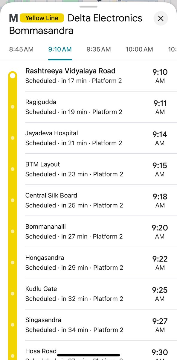 Not sure if ppl hv noticed this feature in Google maps with respect to #NammaMetro .We can get to know the timings of the next metro train available and what time it will reach the stations by clicking on station name with “M” symbol. Steps as below. <a href="/ChristinMP_/">ChristinMathewPhilip</a> <a href="/ever_pessimist/">Muthi-ur-Rahman Siddiqui</a>