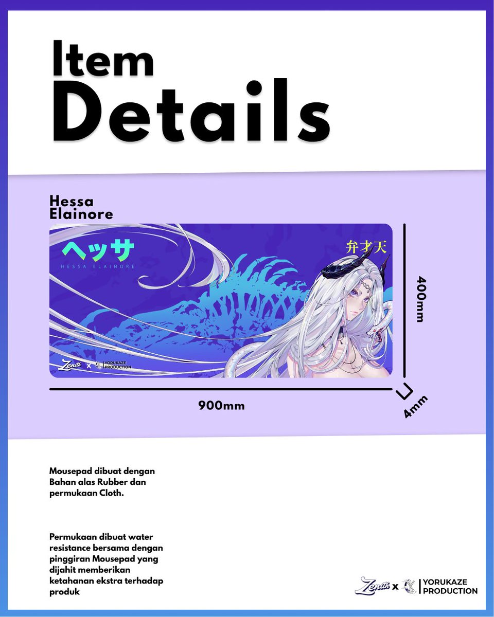 ✨ New Drop! <a href="/hessaelainore/">Hessa Elainore | 【Yorukaze】🐍</a>  Deskmat is now available! Deskmat kolaborasi antara Zenith Store × Yorukaze Production.

🛒 Available now: Tokopedia
🔗 tokopedia.com/zenith-deskmat…