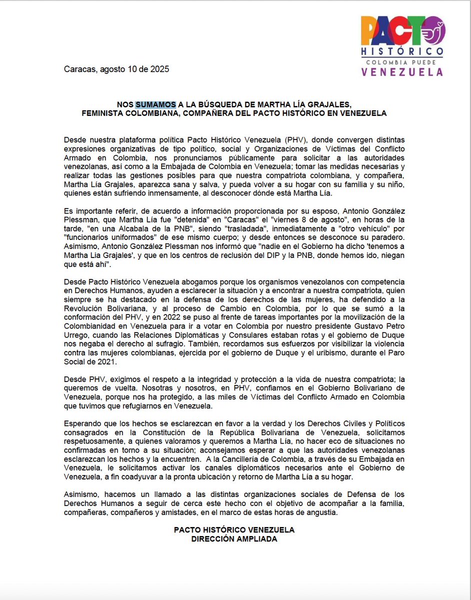 Pacto Histórico Venezuela se pronuncia sobre la detención de Martha Lía Grajales

#LibertadParaMarthaLia