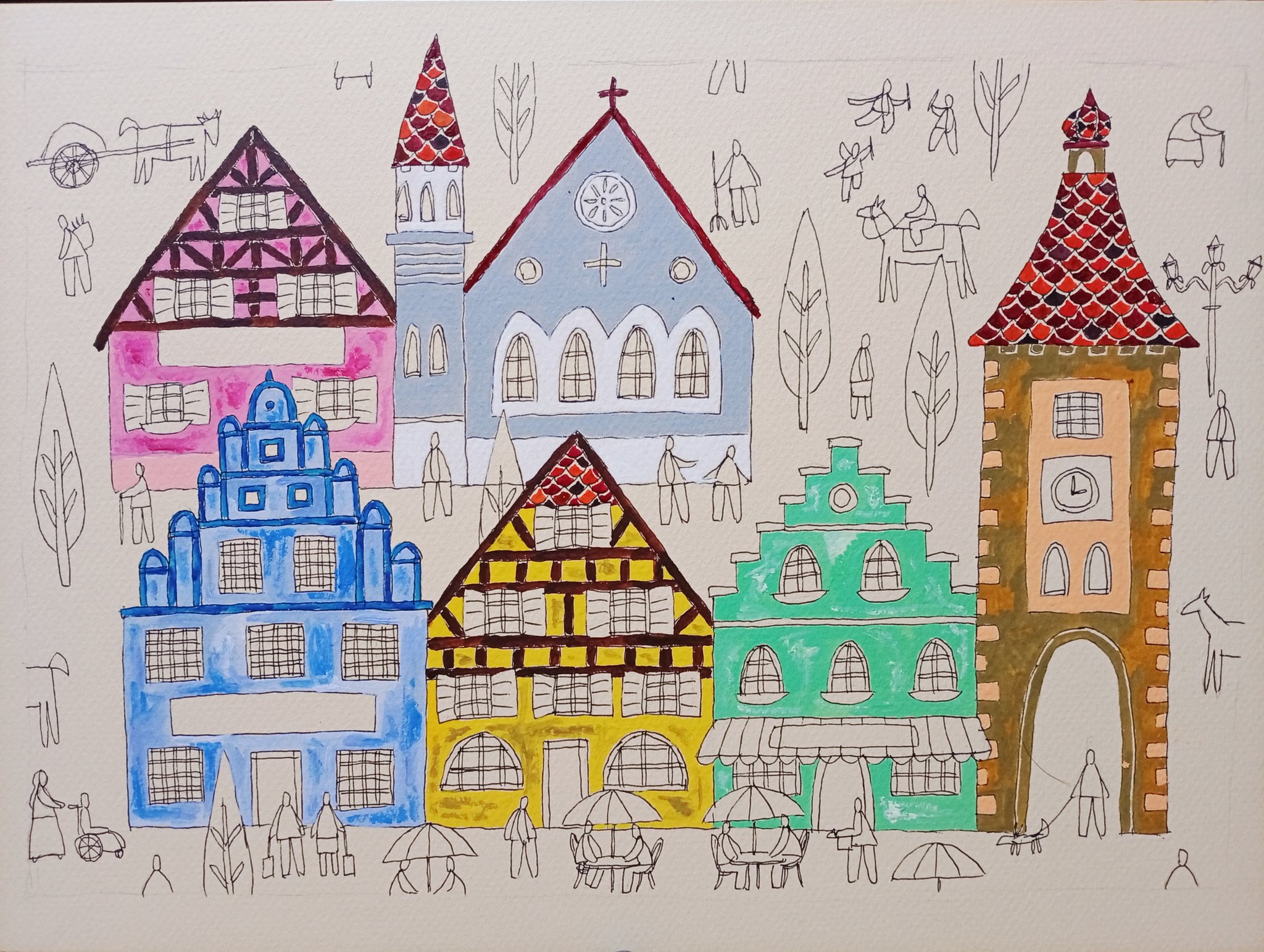 奥村ユズル　水彩画原画　ドイツ古城街道の小さなホテル 奥村ユズル 水彩画原画 ドイツ古城街道の小さなホテル