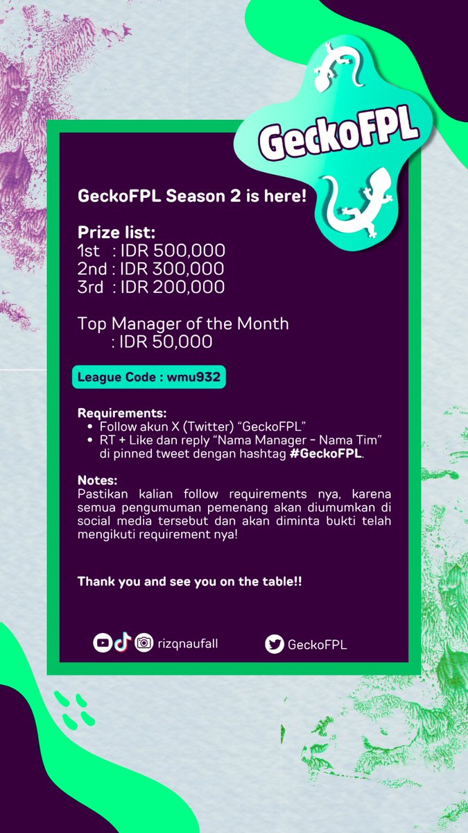 GeckoFPL (@geckofpl) on Twitter photo ๐จSEASON 2 IS COMING!!!๐จ
Yuk gas langsung join #GeckoFPL Season 2๐ฅ๐ฅ๐ฅ
Direct Link:
fantasy.premierleague.com/leagues/auto-jโฆ
Jangan lupa ikutin requirement yang ada di poster ya๐
See you on the tables๐
Ijin cc om om suhu๐
<a href="/pisangij01/">FPL Liga Pisangijo</a>
<a href="/hatihatidiFPL/">HATI-HATI FPL ๐ฎ๐ฉ</a>
#FPL #FPLCommunity #FPLIndonesia ๐จSEASON 2 IS COMING!!!๐จ
Yuk gas langsung join #GeckoFPL Season 2๐ฅ๐ฅ๐ฅ
Direct Link:
fantasy.premierleague.com/leagues/auto-jโฆ
Jangan lupa ikutin requirement yang ada di poster ya๐
See you on the tables๐
Ijin cc om om suhu๐
<a href="/pisangij01/">FPL Liga Pisangijo</a>
<a href="/hatihatidiFPL/">HATI-HATI FPL ๐ฎ๐ฉ</a>
#FPL #FPLCommunity #FPLIndonesia