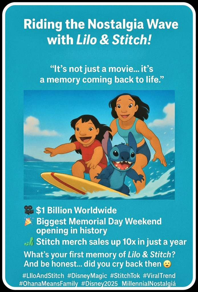 PopularTrendX's tweet photo. #QuestionOfTheDay 
"Did Lilo & Stitch Just Create the Biggest Nostalgia Comeback Ever? 💙🌺"

🌺 Riding the Nostalgia Wave with Lilo & Stitch! 🏄‍♂️💙 #PopularTrendX #OhanaForever

✨ It’s not just a movie… it’s a memory coming back to life.

From the moment that Disney dropped the 2025 live-action/CGI trailer and it hit 158M views in 24 hours 🤯, the internet knew—Stitch is back, and bigger than ever!

🎥 $1 Billion Worldwide
🎉 Biggest Memorial Day Weekend opening in history
📈 Stitch merch sales up 10x in just a year

Why the world can’t stop talking about it:
💖 Ohana Means Family – The heart-tugging bond of Lilo, Nani, and Stitch feels even deeper in 2025’s world.
🌊 Surfing on Nostalgia – Millennials & Gen Z parents are introducing it to their kids, creating a 2-generation fandom.
📱 Stitch is a Social Media Icon – TikTok edits, fan art, memes… even Stitch dancing to K-pop has gone viral.
🎡 Beyond the Screen – Disney Parks, merch, and collabs are EVERYWHERE.

❓💬 Question for YOU:
What’s your first memory of Lilo & Stitch? And be honest… did you cry back then and now? 😅

🔖 Save this for your next watch party & tag your “ohana” who needs a dose of Stitch’s chaos + love! 💙
#LiloAndStitch #DisneyMagic #StitchTok #ViralTrend #OhanaMeansFamily #Disney2025 #MillennialNostalgia #FamilyVibes #FeelGoodMovies