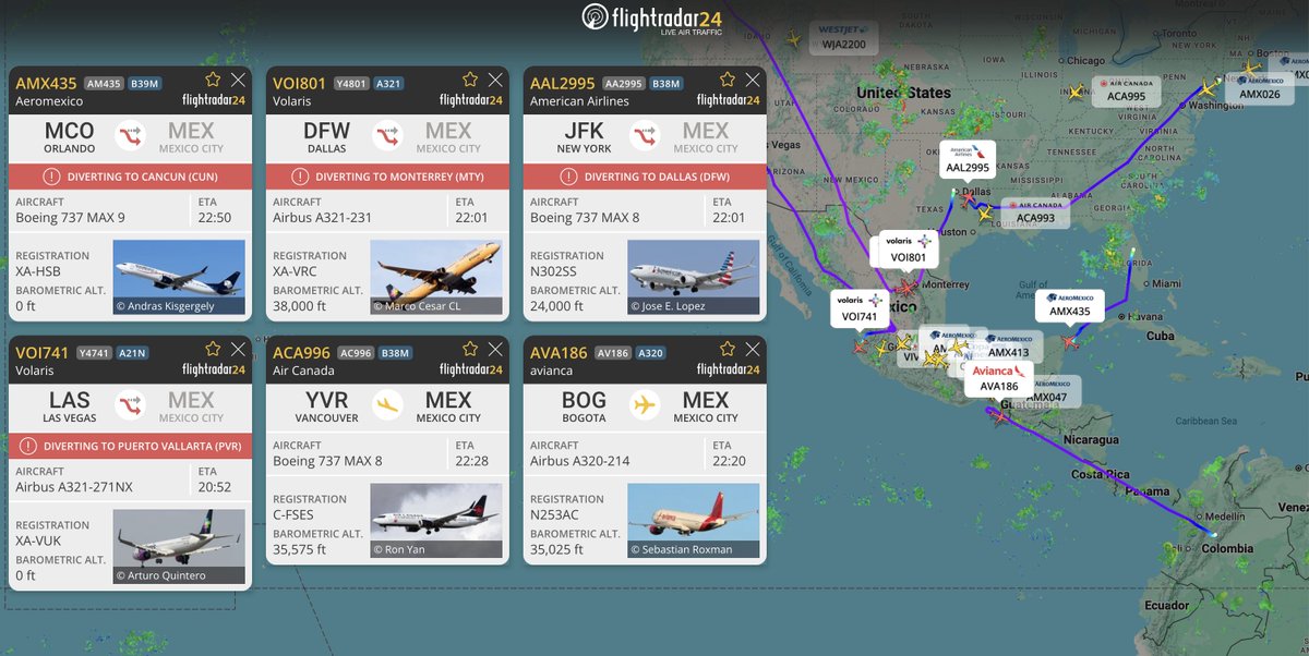 flightradar24's tweet photo. Already 66 diverted flights this evening at Mexico City due to the airport’s temporary closure due to flooding. More diversions in progress. https://t.co/PdSaNILQ3m https://t.co/cQmUf5raHg