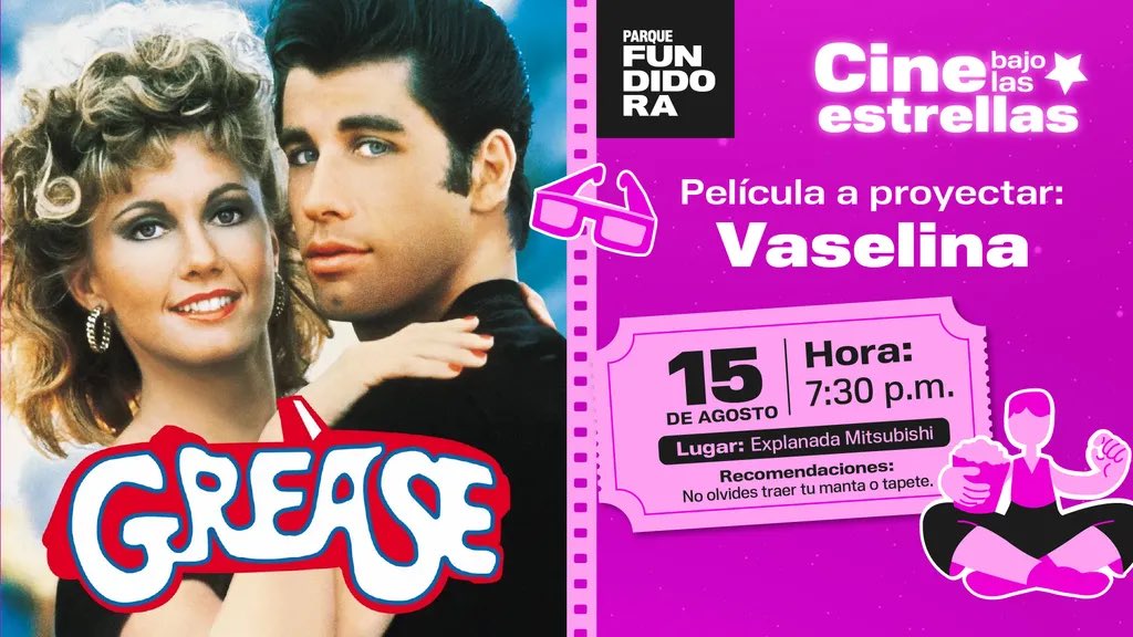 ¡Prepara tu peine, chaqueta de cuero y tus mejores pasos de baile! Porque Fundidora se viste a la pura onda Vaselina. 😎🕺🏻💃🏻

Puedes traer tu snack favorito, silla desplegable o tapete para disfrutar cómodamente de la función.🍿🧺

¡Te esperamos! 🤩