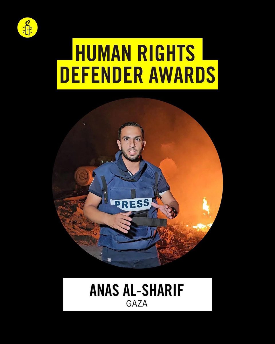 ErikaGuevaraR's tweet image. Last year, @amnestyOz honoured journalist Anas Al-Sharif with the Human Rights Defender Awards for his courageous reporting during Israel’s ongoing genocide in Gaza. Today Israeli forces killed him, alongside his colleagues. 

Since 2023, Israel has killed more than 200…
