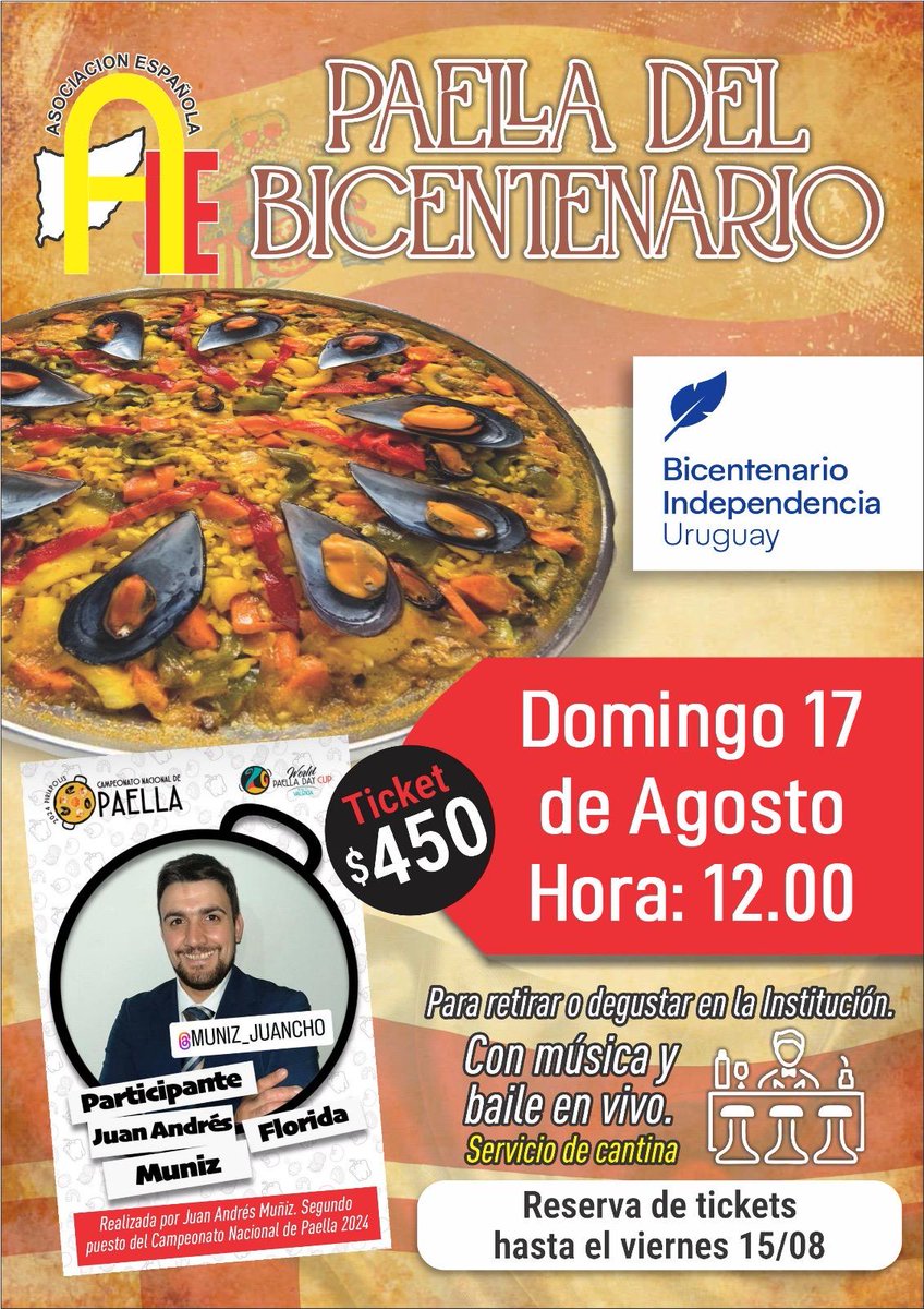El próximo Domingo 17 de Agosto a la hora 12:00 estaré elaborando la Paella del Bicentenario de la gente amiga de la Asociación Española de Florida. 
No olvides de reservar tu ticket con tiempo, se van volando!!

Gracias por confiar en mi trabajo, es un gran y lindo desafío 💪🏻🥘
