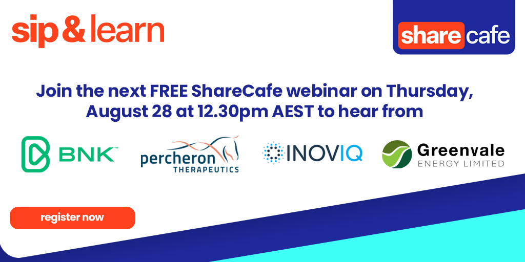 📈Join us for a Sip &amp; Learn Webinar – Thu, 28 Aug, 12:30pm AEST 
🎧 Hear from BNK Banking Corp, Percheron, INOVIQ &amp; Greenvale Energy 
💬 Live Q&amp;A – discover what’s next for these ASX-listed companies 
📝 Register now: us02web.zoom.us/webinar/regist…
$BBC $PER $IIQ $GRV #Investing