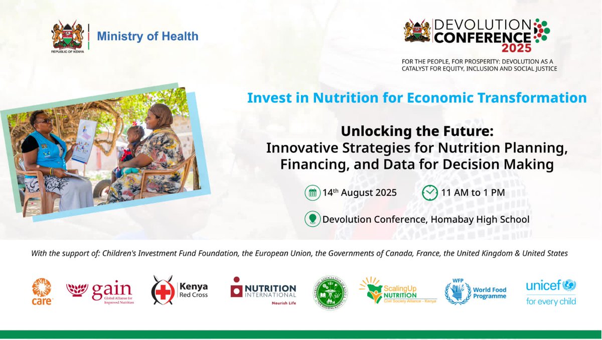 SUN_CSA_KENYA's tweet photo. 🌟 Be part of the change! Join our side event Aug 14th, "Unlocking the Future: Innovative Nutrition Strategies" at Homabay High School, 11AM-1PM.

Let us invest in nutrition for Kenya's economic transformation! 🇰🇪

#DevolutionConference2025 #NutritionForAll 
@MOH_Kenya https://t.co/Dt2mjEaQq3