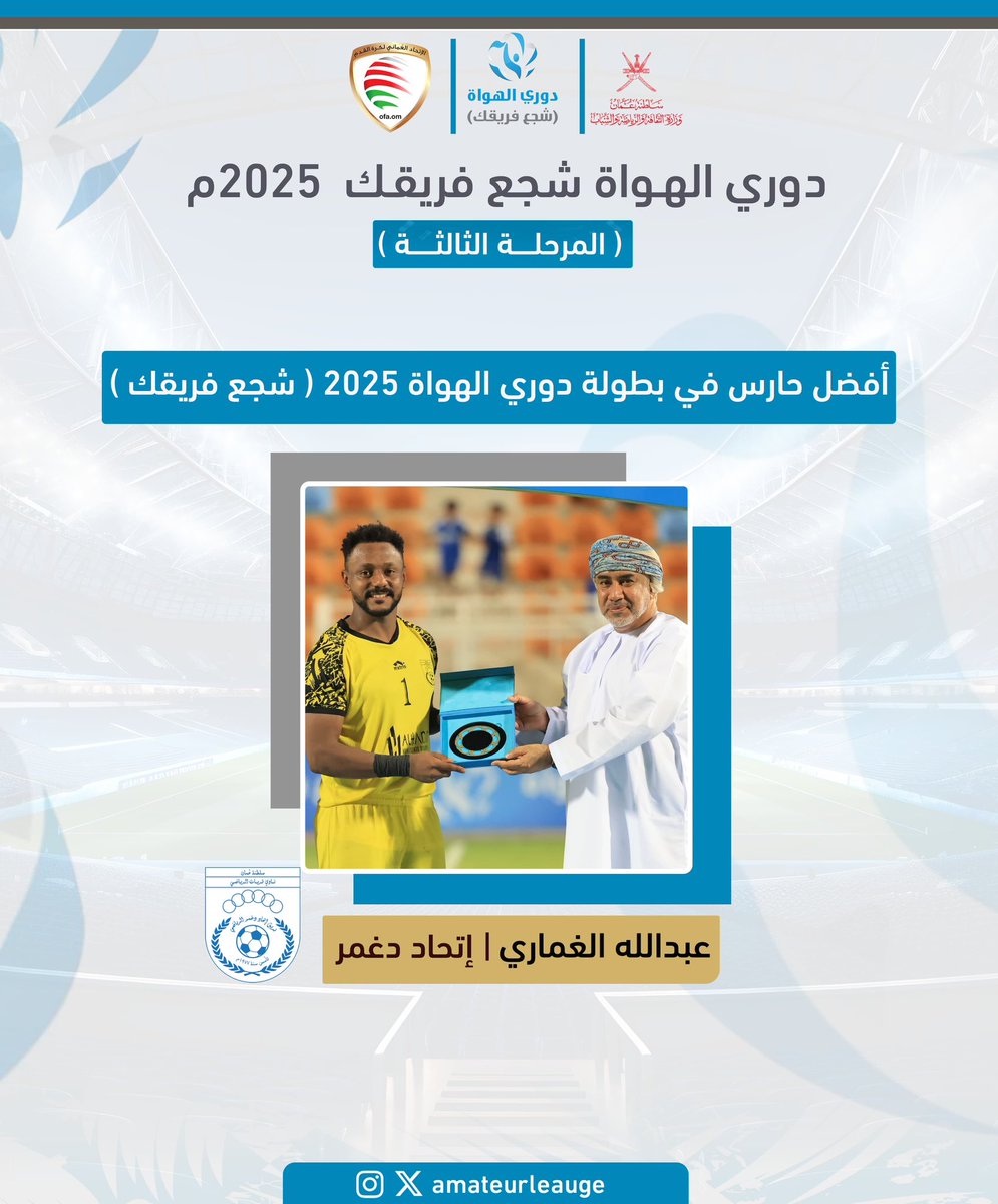 النجم عبدالله الغماري من فريق اتحاد دغمر يتوج بجائزة أفضل حارس مرمى في بطولة #دوري_الهواة2025 بعد تألق لافت وتصديات حاسمة 👏🧤⚽️
ألف مبروك 🌟

#شجع_فريقك