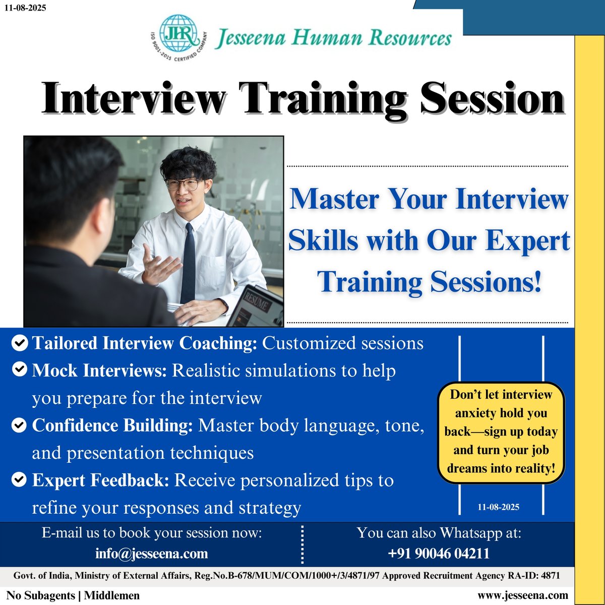 jesseenahr's tweet image. Interview Training Session

E-mail us to book your session now:
info@jesseena.com

You can also WhatsApp at:
+91 90046 04211

#InterviewTraining #CareerCoaching #MockInterviews #JobReady #InterviewTips #ConfidenceBoost #ProfessionalDevelopment #JobSearchSuccess