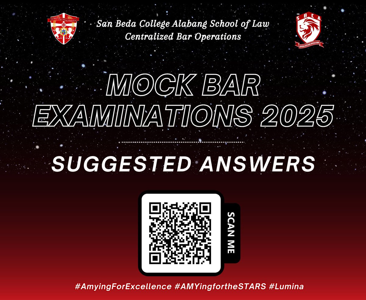 Suggested answers for the 2025 SBCA CBO Mock Bar are out! 📚⚖️

🔗 bit.ly/SBCACBO2025Moc…

For educational use only—supplement, don’t substitute. 

#SBCACBO
#LUMINA
#SBCACBO2025MockBar
#Bar2025
#AMYingForExcellence
#AMYingForTheStars
#FueledbyFiredGuidedByTheStars