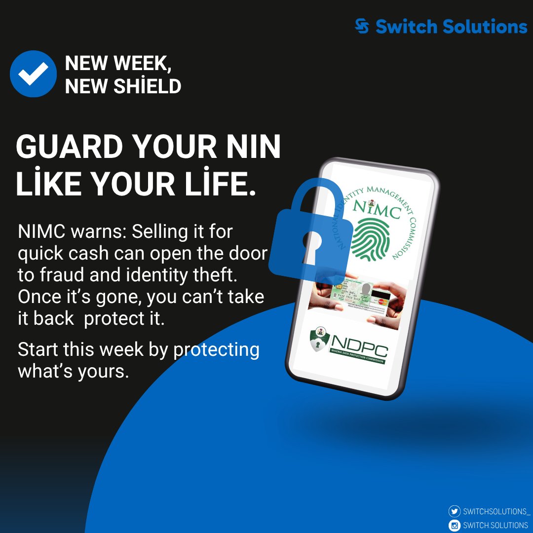 switchsolution_'s tweet image. New Week Alert!
Your NIN = Your Identity
Don’t post it. Don’t share it. Don’t risk it.
Stay smart. Stay safe.
Privacy isn’t a choice it’s a right.
#ProtectYourNIN #NIMC #DataPrivacy #DigitalSafety #CyberSmart #StaySecure #PrivacyMatters