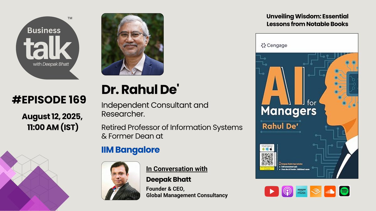 Deepak Bhatt (@hellomrbhatt) on Twitter photo Business Talk welcomes Dr. Rahul De’, Retired Professor & former Dean, <a href="/iimb_official/">IIM Bangalore</a>. In our next episode, he shares insights from his book AI for Managers & his 22+ yrs shaping IS research & leadership.
#BusinessTalk #AIForManagers #IIMBangalore #ThoughtLeadership <a href="/rishikesha/">Rishikesha Krishnan</a> Business Talk welcomes Dr. Rahul De’, Retired Professor & former Dean, <a href="/iimb_official/">IIM Bangalore</a>. In our next episode, he shares insights from his book AI for Managers & his 22+ yrs shaping IS research & leadership.
#BusinessTalk #AIForManagers #IIMBangalore #ThoughtLeadership <a href="/rishikesha/">Rishikesha Krishnan</a>