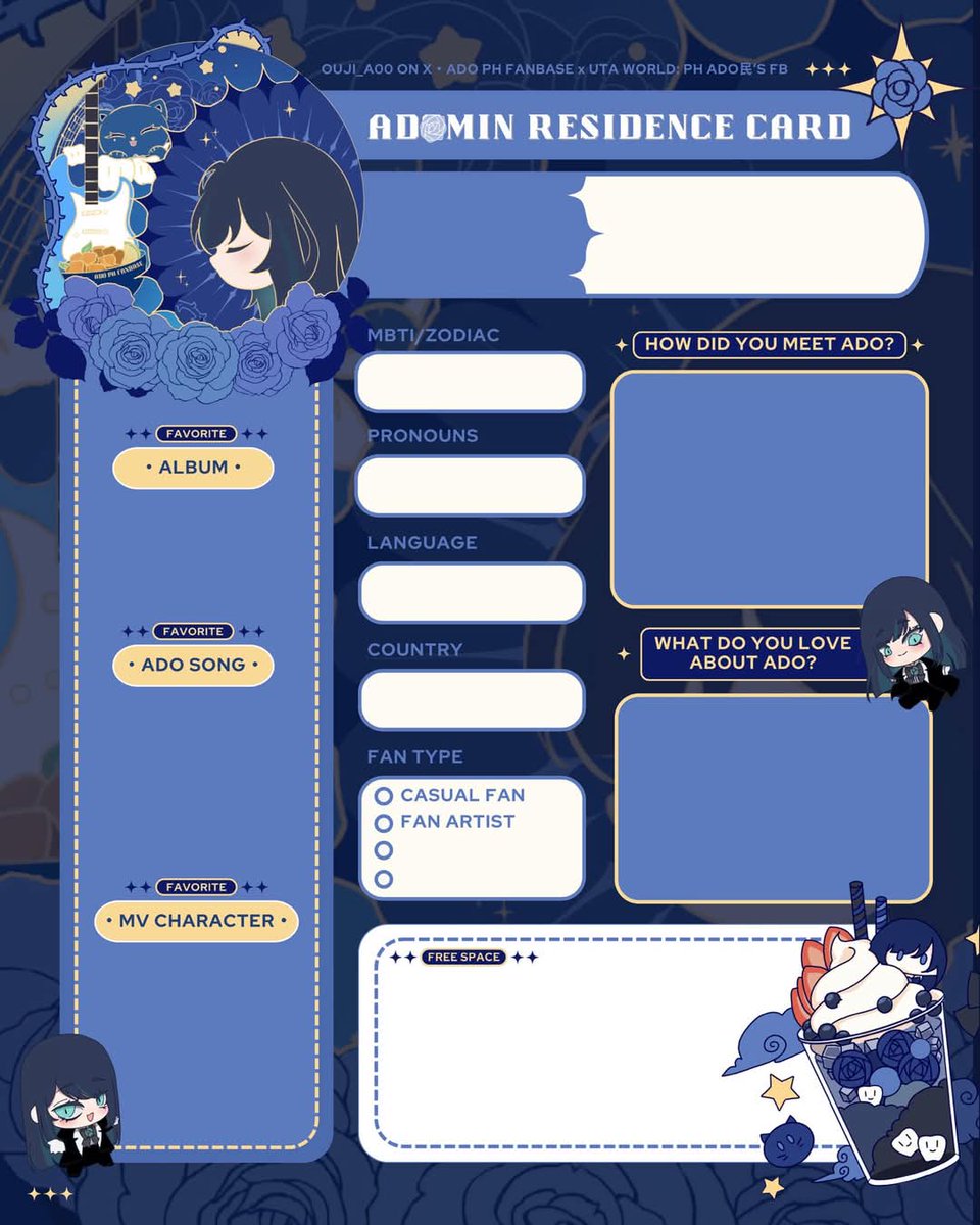 AdoPHFanbase's tweet photo. Ado PH Fanbase ー Residence Card V2! 🎙️🎶

Do introduce yourself once you've joined our server Adoーmins. We'd like to get to know you! ー🎙️🎶

https://t.co/voImgnrNwt

#Ado #Adoart #はちゃん #パペット #Adoぬい #AdoPhilippines #AdoPHFanbase #AdoPh #UTAWorldAdominsSecretFanbase #Ado民自己紹介カード  #Ado民と繋がりたい #Ado民さんと繋がりたい