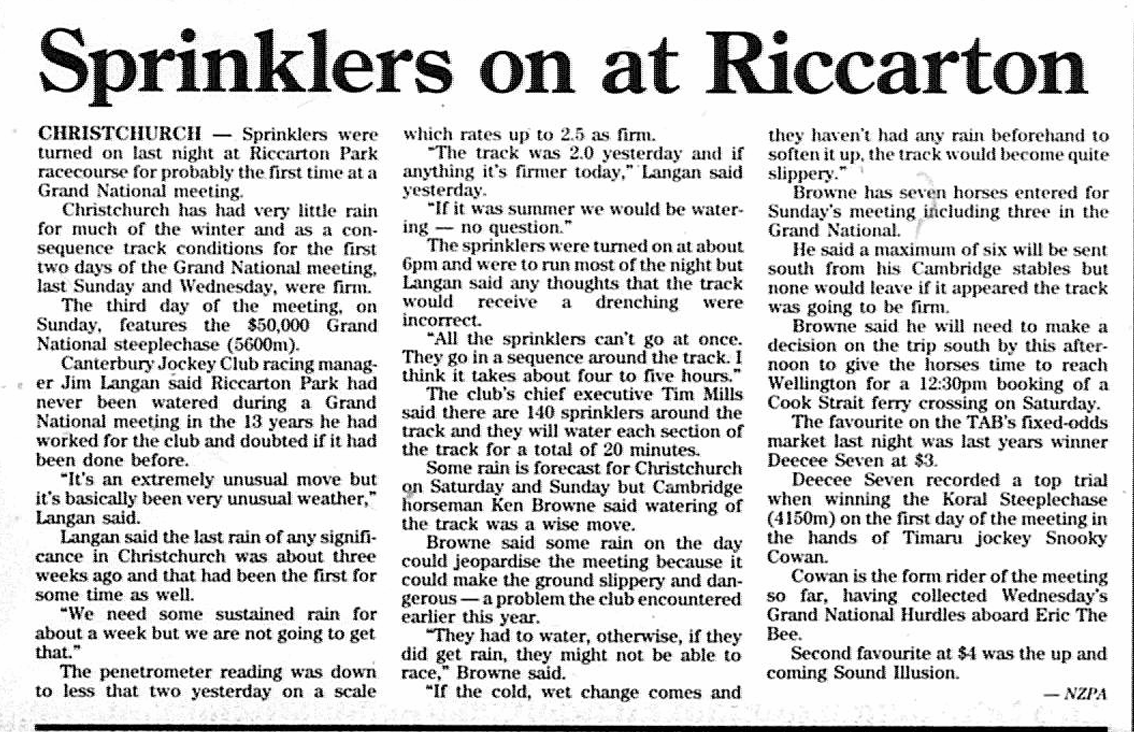 From the archives: It's 1998 and Canterbury JC officials make the call to water the Riccarton surface in the days before the Grand National Steeplechase meeting as the track was a firm 2 due to no rain for three weeks.