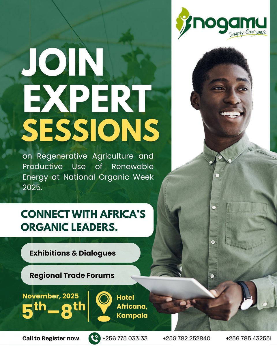 Join Expert Sessions at #NOW2025 

Learn about Regenerative Agriculture &amp; the Productive Use of Renewable Energy shaping Africa’s sustainable future.

📅 Nov 5–8, 2025
📍 Hotel Africana, Kampala

🔗 Call to register: +256 775 033133