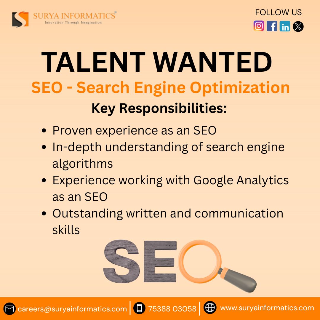 Surya Informatics Solutions Pvt. Ltd., (@surya_infomatic) on Twitter photo We're hiring an SEO Specialist!
✔ SEO experience
✔ Search algorithm expertise
✔ Google Analytics skills
✔ Great communication
Join Surya Informatics and grow your digital career.
📧 careers@suryainformatics.com
🌐 suryainformatics.com
#SEOJobs #NowHiring We're hiring an SEO Specialist!
✔ SEO experience
✔ Search algorithm expertise
✔ Google Analytics skills
✔ Great communication
Join Surya Informatics and grow your digital career.
📧 careers@suryainformatics.com
🌐 suryainformatics.com
#SEOJobs #NowHiring