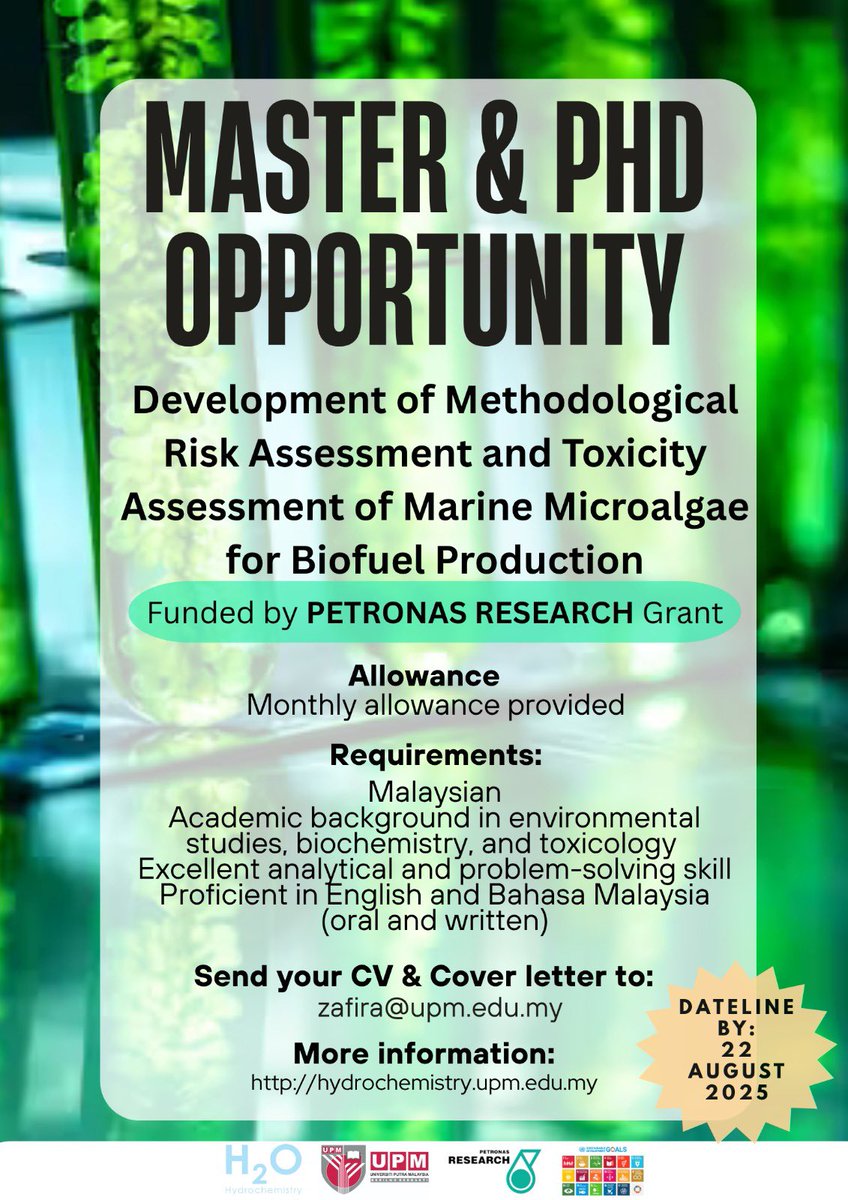 ZaharinAris's tweet photo. 🚨 Master &amp; PhD Opportunity!
Join a PETRONAS-funded project on marine microalgae risk &amp; toxicity assessment* for biofuel production🌱⚗️  
📍 Malaysians only  
📅 Apply by: *22 Aug 2025*  
📧 zafira@upm.edu.my  
🔗 More info: https://t.co/vqsaUHFAC3  
#Postgrad #Microalgae #UPM https://t.co/CkDSDu8mP4