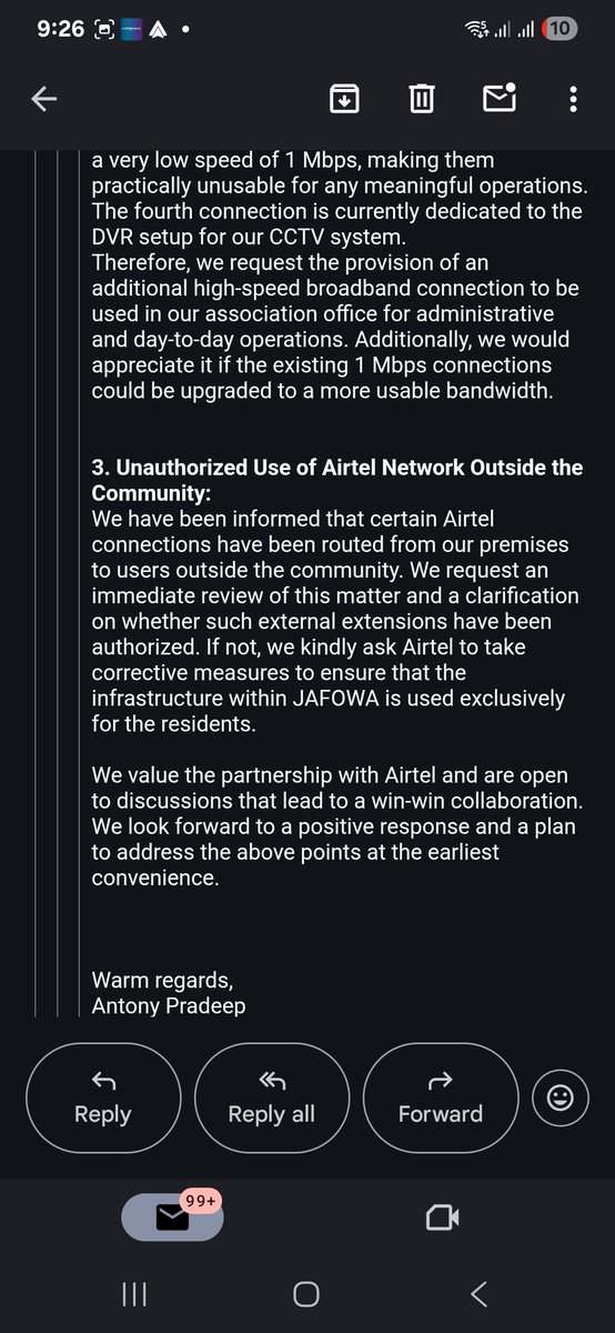 antony_pradeep_'s tweet photo. @Airtel_Presence @airtelindia - Sent an email to Airtel on 26th June—no response till now. They approach us for connections, but ignore our concerns. Only default replies from nodal &amp; appellate teams. Here is the email trail. https://t.co/MJQfU4S6v1
