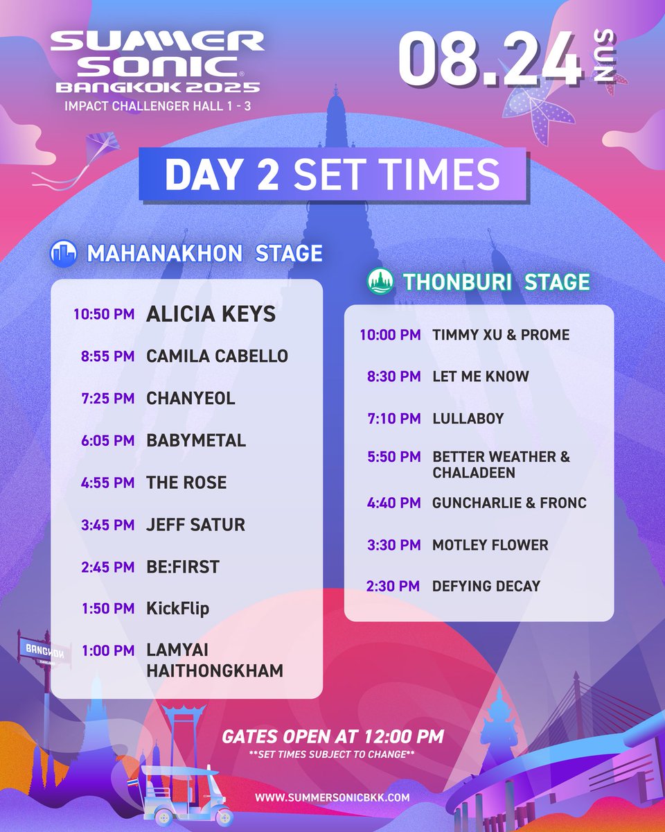 🕙 TIMETABLE IS HERE! 
💙 MAHANAKHON STAGE vs THONBURI STAGE 💚
🔥 2วัน-2เวที-100% energy! เต็มอิ่มทุกพลังดนตรีจากศิลปินตัวท็อประดับโลก แล้วพบกันที่ #summersonicbkk2025

📌 See you soon in Summer Sonic Bangkok 2025
🗓️ August 23-24, 2025
📍 IMPACT Challenger hall 1-3

🎟️ Grab