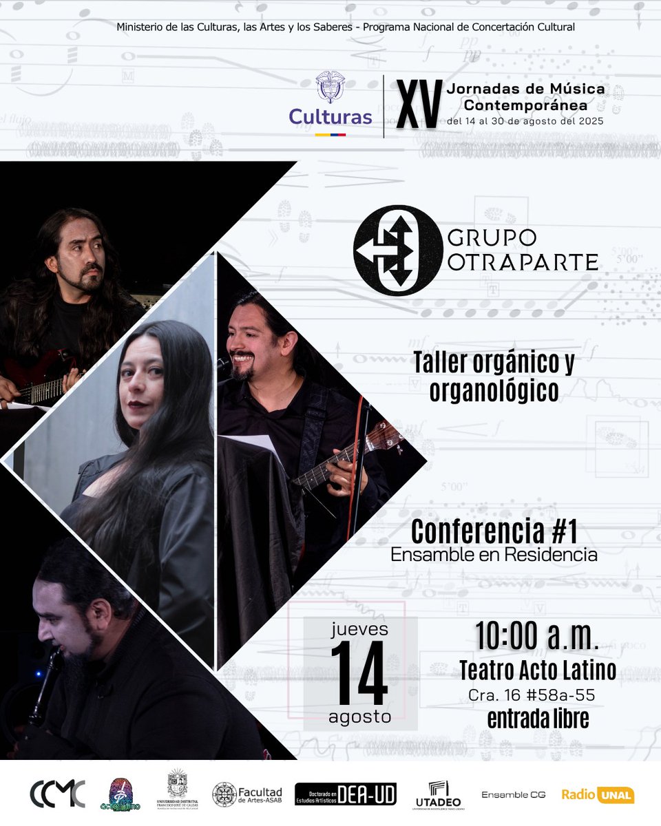 ¡Este jueves! 
Inicio de las XV Jornadas de Música Contemporánea
<a href="/ccmc_musica_co/">Círculo Colombiano de Música Contemporánea - CCMC</a> con nuestra conferencia-taller orgánico-organológica. 10 am a 4 pm, teatro <a href="/Actolatino/">Acto Latino</a> , entrada libre y gratuita