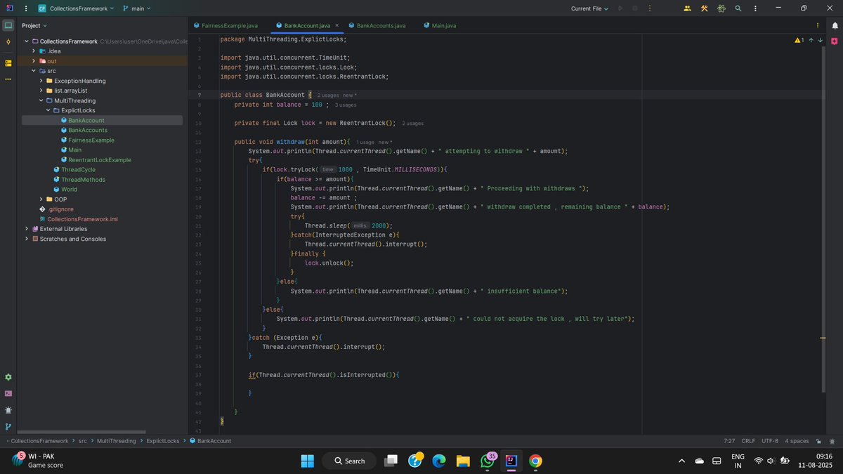IT_ShivaM25's tweet photo. 🔒 Switched from synchronized to ReentrantLock in Java for better control over acquiring &amp; releasing locks.

With tryLock(), threads wait only a set time before moving on — preventing deadlocks &amp; improving efficiency 🚀

#Java #Multithreading  #ThreadSafety #100DaysOfCode https://t.co/qGtHkboOpz