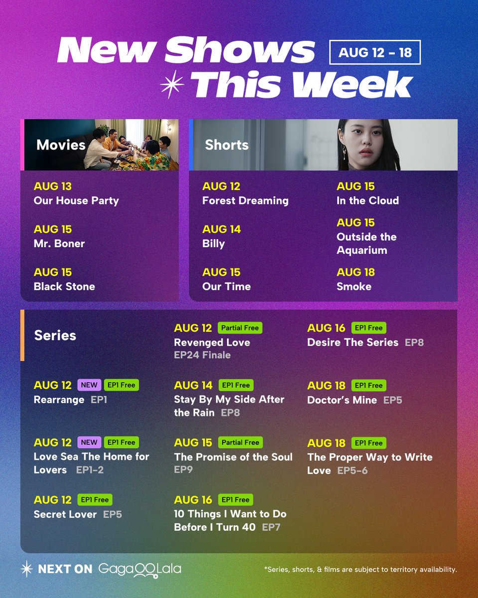 𝙐𝙥𝙘𝙤𝙢𝙞𝙣𝙜 𝙎𝙝𝙤𝙬𝙨 (Aug 12-Aug 18)✨🎞️⠀
⠀
Saying goodbye is the hardest... but that just means it's time to binge-watch!
⠀
Stream BL and gay shows right only on GagaOOLala!😉 ⠀⠀⠀
⠀⠀⠀
Download GagaOOLala on the AppStore or GooglePlay or go to link in bio💜