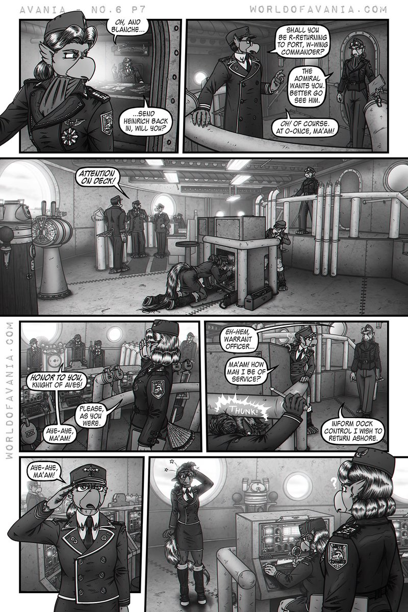 Issue 6 of my #webcomic, Avania, starts off with the White Knights squadron's Wing Commander Von Strauss visiting Naval HQ for discussion of top secret nature with Third Fleet's (in)famous admiral!

Avania No.6, pages 4-7
worldofavania.com