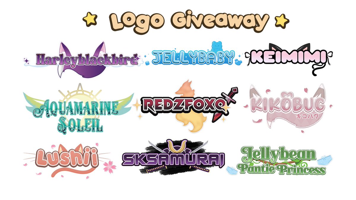 ✨FREE LOGO GIVEAWAY✨
I want to practice making more logos!!🍀 
1️⃣ Follow 
2️⃣ Retweet  
3️⃣ Comment 
 Ends on August 18th💫
 Good luck, everyone! 
#Vtubers #artraffle #artmoots