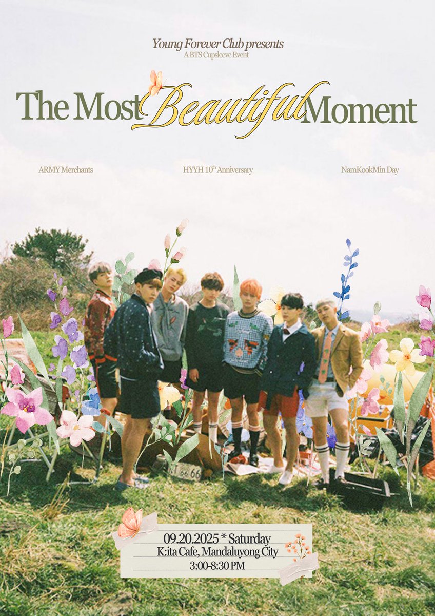 HYYH_PH13's tweet photo. 🌸✨ Celebrate a decade of memories, music, and the magic of youth with The Most Beautiful Moment with BTS and ARMY.

🗓️ September 20, 2025
⏰ 3:00pm - 8:30pm
📌 K:)ta Cafe, Mandaluyong City

Come and relive the moment before it all flew away. "Will you stay by my side?" 💜 https://t.co/qw1mPAWIF9